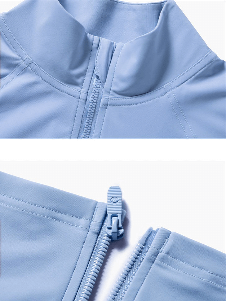 Close-up of Women's Stand Collar Zipper Loose Short Jacket in light blue, highlighting zipper and collar details.
